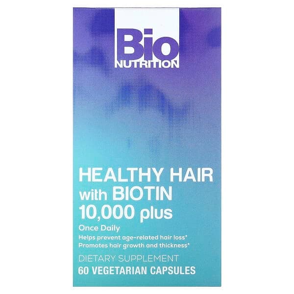 Bio Nutrition, 바이오틴 10,000 플러스와 함께하는 건강한 모발, 베지 캡슐 60정