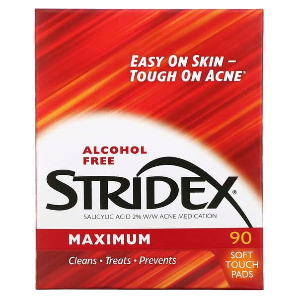 Stridex, Single-Step Acne Control, 맥시멈, 알코올 무함유, 소프트 터치 패드 90매